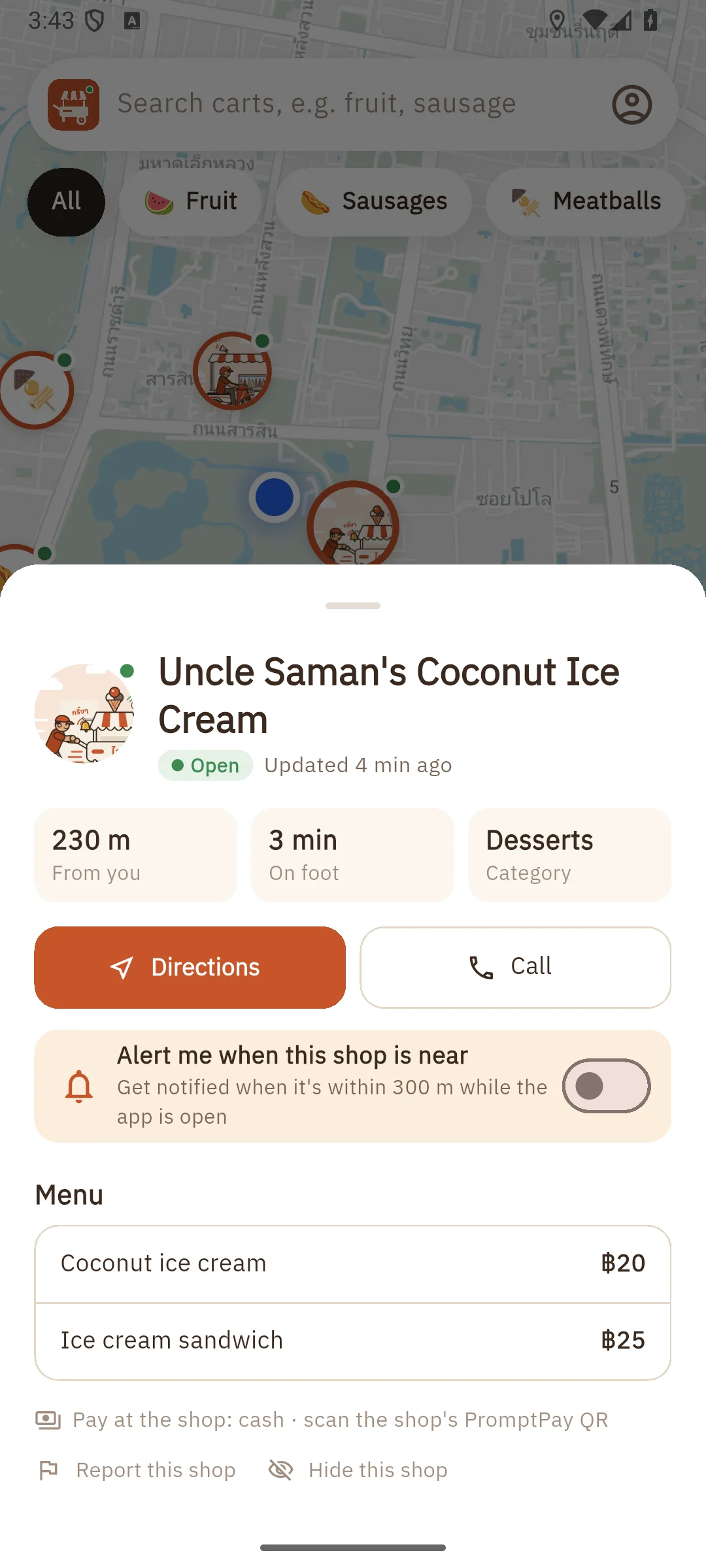 Shop page with menu, prices, directions and call buttons